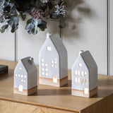 Ghedi Pearly White Ceramic Tealight Houses 3pk — SantoLusso®
