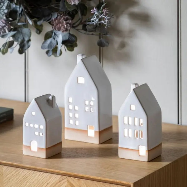 Ghedi Pearly White Ceramic Tealight Houses 3pk — SantoLusso®