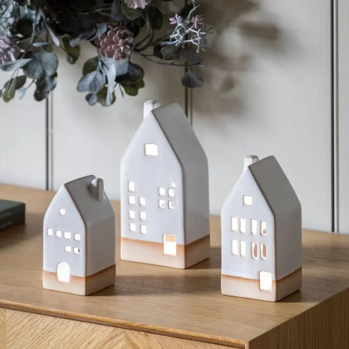 Ghedi Pearly White Ceramic Tealight Houses 3pk — SantoLusso®