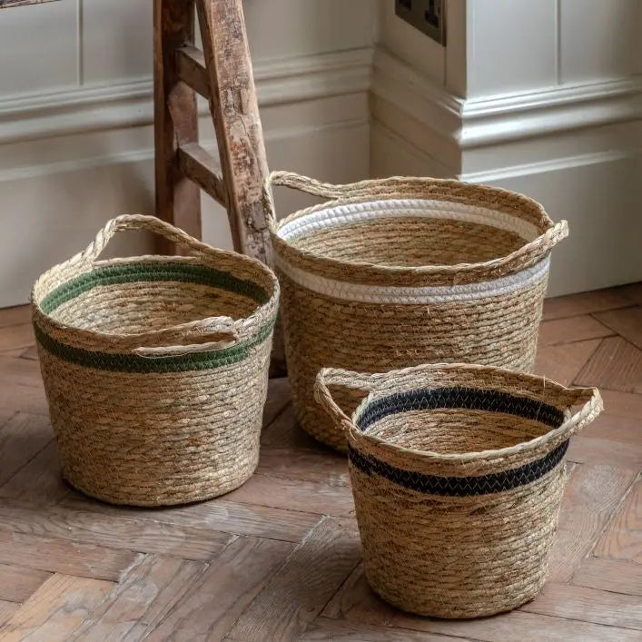 Ghedi Storage Basket Black White Olive Stripe Nest of 3 — SantoLusso®