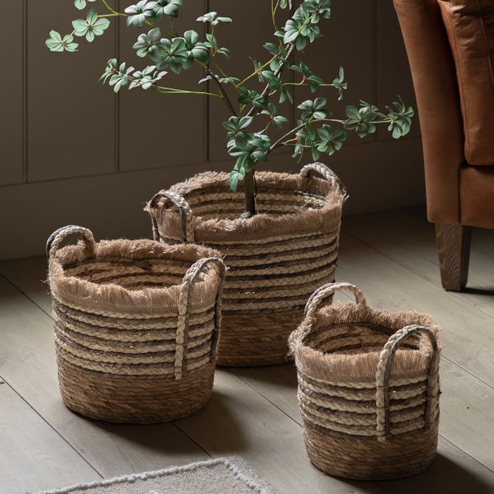 Ghedi Fringed Woven Basket Brown Stripe Set of 3 — SantoLusso®